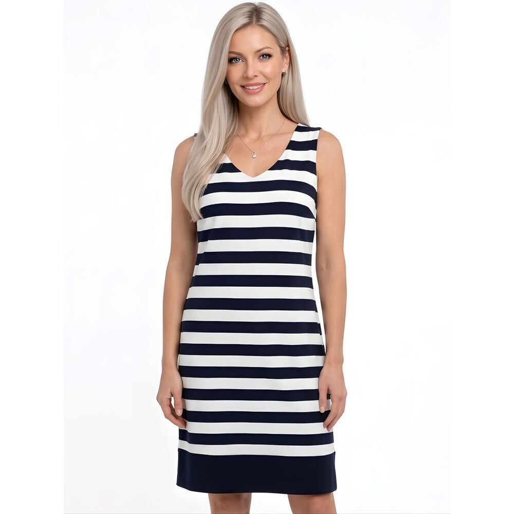 Alyx Limited Navy Blue Striped V-neck Sleeveless Stretch Sheath Dress Size 18